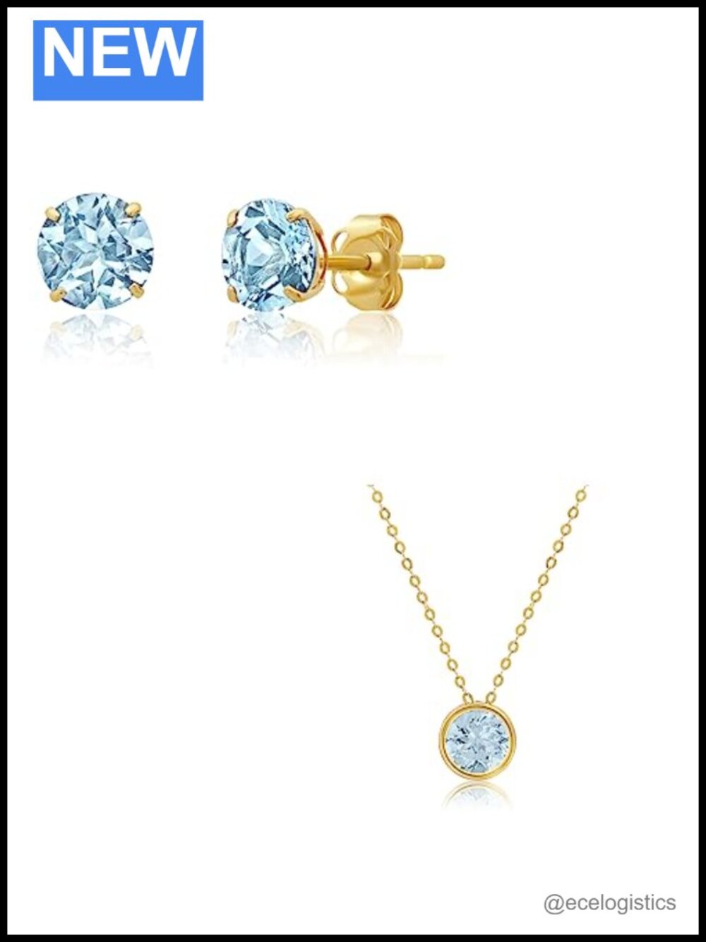 14k Yellow Gold Aquamarine Stud Earrings Pendant Necklace Set
